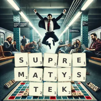 Kreatywna ilustracja do gry w Scrabble ze słowem SUPREMATYSTEK ułożonym z płytek na planszy.