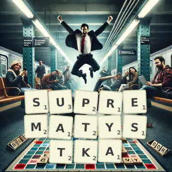 Kreatywna ilustracja do gry w Scrabble ze słowem SUPREMATYSTKA ułożonym z płytek na planszy.