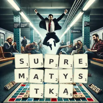 Kreatywna ilustracja do gry w Scrabble ze słowem SUPREMATYSTKĄ ułożonym z płytek na planszy.