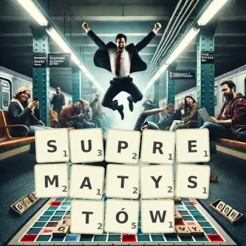 Kreatywna ilustracja do gry w Scrabble ze słowem SUPREMATYSTÓW ułożonym z płytek na planszy.