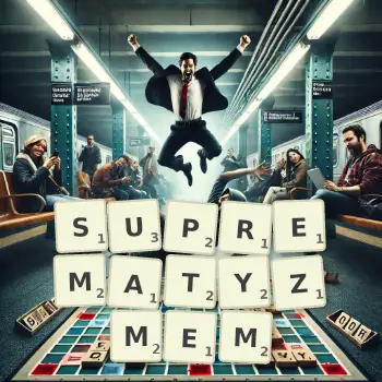 Kreatywna ilustracja do gry w Scrabble ze słowem SUPREMATYZMEM ułożonym z płytek na planszy.