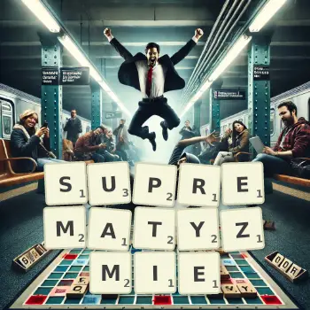 Kreatywna ilustracja do gry w Scrabble ze słowem SUPREMATYZMIE ułożonym z płytek na planszy.