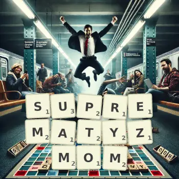 Kreatywna ilustracja do gry w Scrabble ze słowem SUPREMATYZMOM ułożonym z płytek na planszy.