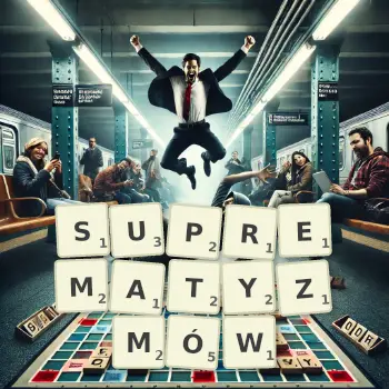 Kreatywna ilustracja do gry w Scrabble ze słowem SUPREMATYZMÓW ułożonym z płytek na planszy.