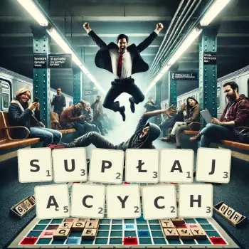 Kreatywna ilustracja do gry w Scrabble ze słowem SUPŁAJĄCYCH ułożonym z płytek na planszy.