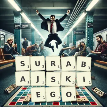 Kreatywna ilustracja do gry w Scrabble ze słowem SURABAJSKIEGO ułożonym z płytek na planszy.