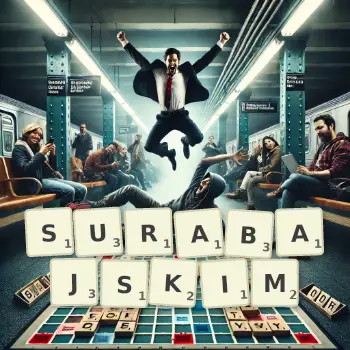 Kreatywna ilustracja do gry w Scrabble ze słowem SURABAJSKIM ułożonym z płytek na planszy.