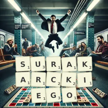 Kreatywna ilustracja do gry w Scrabble ze słowem SURAKARCKIEGO ułożonym z płytek na planszy.