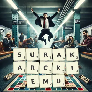 Kreatywna ilustracja do gry w Scrabble ze słowem SURAKARCKIEMU ułożonym z płytek na planszy.