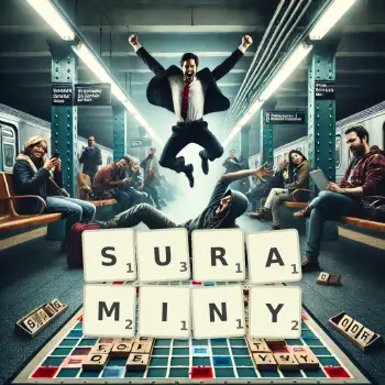 Kreatywna ilustracja do gry w Scrabble ze słowem SURAMINY ułożonym z płytek na planszy.