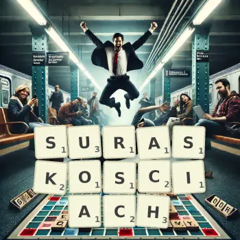 Kreatywna ilustracja do gry w Scrabble ze słowem SURASKOSCIACH ułożonym z płytek na planszy.
