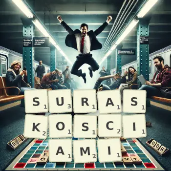 Kreatywna ilustracja do gry w Scrabble ze słowem SURASKOSCIAMI ułożonym z płytek na planszy.