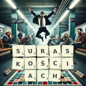 Kreatywna ilustracja do gry w Scrabble ze słowem SURASKOŚCIACH ułożonym z płytek na planszy.