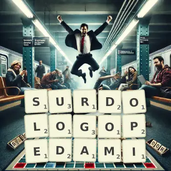 Kreatywna ilustracja do gry w Scrabble ze słowem SURDOLOGOPEDAMI ułożonym z płytek na planszy.