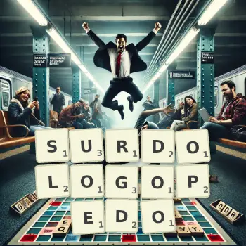 Kreatywna ilustracja do gry w Scrabble ze słowem SURDOLOGOPEDO ułożonym z płytek na planszy.