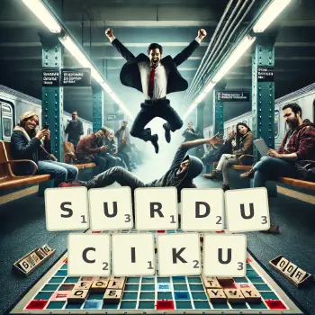 Kreatywna ilustracja do gry w Scrabble ze słowem SURDUCIKU ułożonym z płytek na planszy.