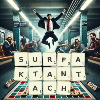 Kreatywna ilustracja do gry w Scrabble ze słowem SURFAKTANTACH ułożonym z płytek na planszy.