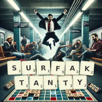 Kreatywna ilustracja do gry w Scrabble ze słowem SURFAKTANTY ułożonym z płytek na planszy.