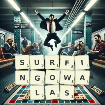Kreatywna ilustracja do gry w Scrabble ze słowem SURFINGOWALAS ułożonym z płytek na planszy.