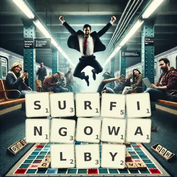 Kreatywna ilustracja do gry w Scrabble ze słowem SURFINGOWALBY ułożonym z płytek na planszy.