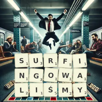 Kreatywna ilustracja do gry w Scrabble ze słowem SURFINGOWALIŚMY ułożonym z płytek na planszy.
