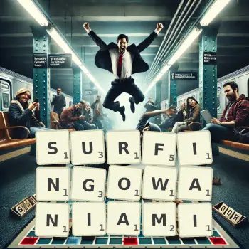 Kreatywna ilustracja do gry w Scrabble ze słowem SURFINGOWANIAMI ułożonym z płytek na planszy.