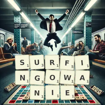 Kreatywna ilustracja do gry w Scrabble ze słowem SURFINGOWANIE ułożonym z płytek na planszy.