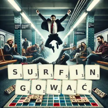Kreatywna ilustracja do gry w Scrabble ze słowem SURFINGOWAĆ ułożonym z płytek na planszy.