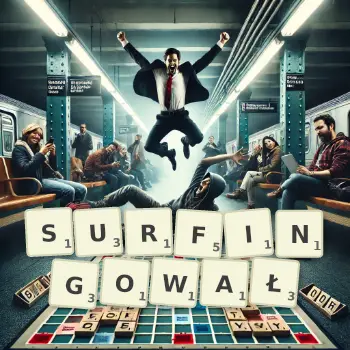 Kreatywna ilustracja do gry w Scrabble ze słowem SURFINGOWAŁ ułożonym z płytek na planszy.