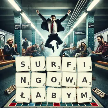 Kreatywna ilustracja do gry w Scrabble ze słowem SURFINGOWAŁABYM ułożonym z płytek na planszy.