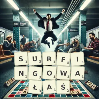 Kreatywna ilustracja do gry w Scrabble ze słowem SURFINGOWAŁAŚ ułożonym z płytek na planszy.