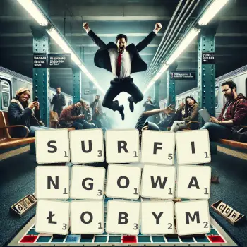 Kreatywna ilustracja do gry w Scrabble ze słowem SURFINGOWAŁOBYM ułożonym z płytek na planszy.
