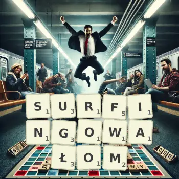 Kreatywna ilustracja do gry w Scrabble ze słowem SURFINGOWAŁOM ułożonym z płytek na planszy.