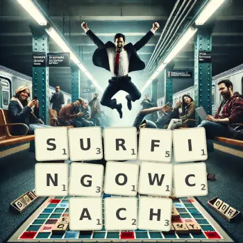 Kreatywna ilustracja do gry w Scrabble ze słowem SURFINGOWCACH ułożonym z płytek na planszy.