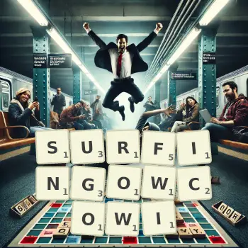 Kreatywna ilustracja do gry w Scrabble ze słowem SURFINGOWCOWI ułożonym z płytek na planszy.