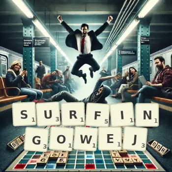 Kreatywna ilustracja do gry w Scrabble ze słowem SURFINGOWEJ ułożonym z płytek na planszy.