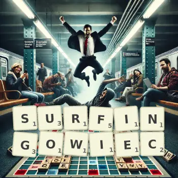 Kreatywna ilustracja do gry w Scrabble ze słowem SURFINGOWIEC ułożonym z płytek na planszy.