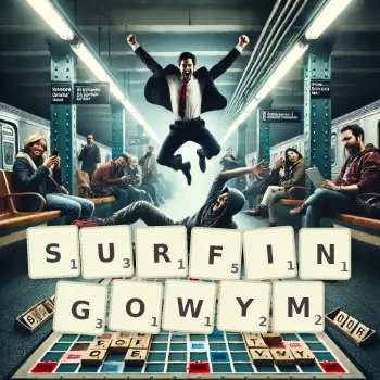 Kreatywna ilustracja do gry w Scrabble ze słowem SURFINGOWYM ułożonym z płytek na planszy.