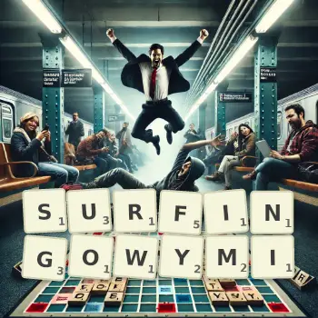 Kreatywna ilustracja do gry w Scrabble ze słowem SURFINGOWYMI ułożonym z płytek na planszy.