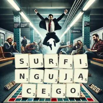 Kreatywna ilustracja do gry w Scrabble ze słowem SURFINGUJĄCEGO ułożonym z płytek na planszy.