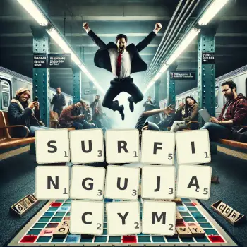 Kreatywna ilustracja do gry w Scrabble ze słowem SURFINGUJĄCYM ułożonym z płytek na planszy.