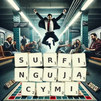 Kreatywna ilustracja do gry w Scrabble ze słowem SURFINGUJĄCYMI ułożonym z płytek na planszy.