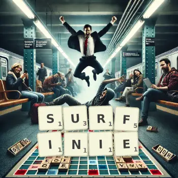 Kreatywna ilustracja do gry w Scrabble ze słowem SURFINIE ułożonym z płytek na planszy.