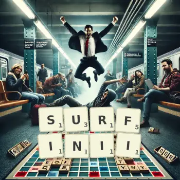 Kreatywna ilustracja do gry w Scrabble ze słowem SURFINII ułożonym z płytek na planszy.