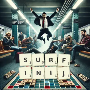 Kreatywna ilustracja do gry w Scrabble ze słowem SURFINIJ ułożonym z płytek na planszy.