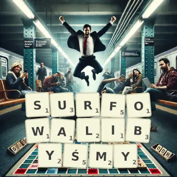 Kreatywna ilustracja do gry w Scrabble ze słowem SURFOWALIBYŚMY ułożonym z płytek na planszy.