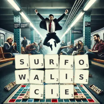 Kreatywna ilustracja do gry w Scrabble ze słowem SURFOWALISCIE ułożonym z płytek na planszy.
