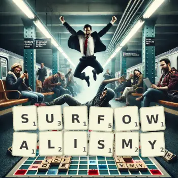 Kreatywna ilustracja do gry w Scrabble ze słowem SURFOWALISMY ułożonym z płytek na planszy.