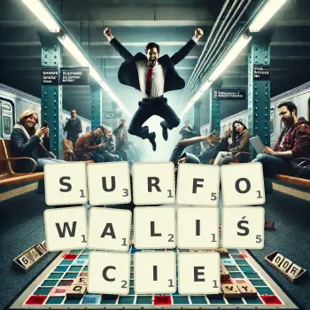 Kreatywna ilustracja do gry w Scrabble ze słowem SURFOWALIŚCIE ułożonym z płytek na planszy.