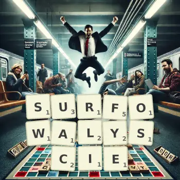 Kreatywna ilustracja do gry w Scrabble ze słowem SURFOWALYSCIE ułożonym z płytek na planszy.
